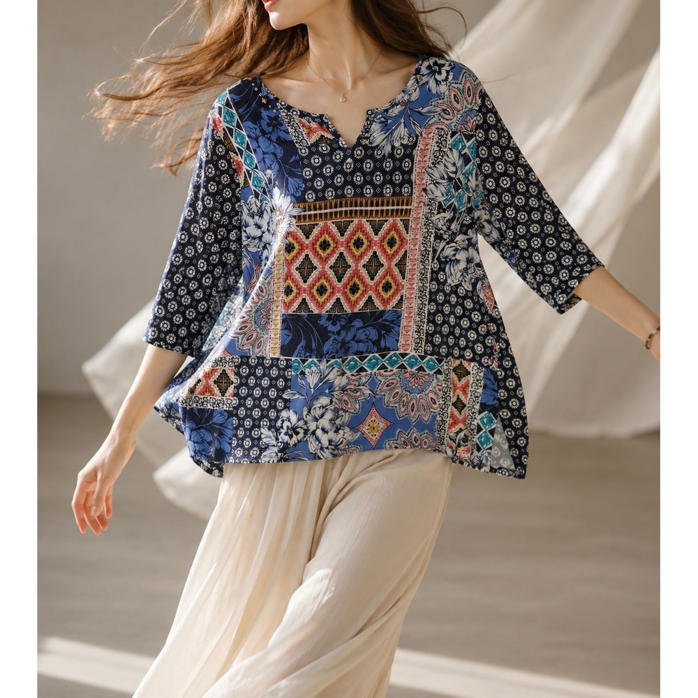 Alfred Dunner Top‎ Women XL Blue Good Patchwork Studded 3/4 Sleeve Cotton Blend